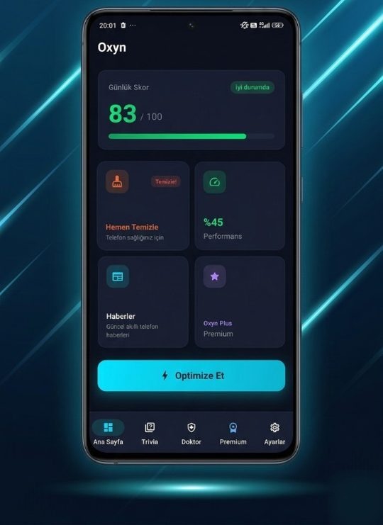 Oxyn dashboard showing daily score, quick actions, and one-tap optimize button