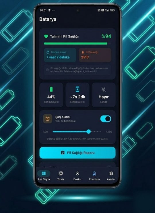 Battery monitoring with health percentage, temperature, and 80% charge alarm